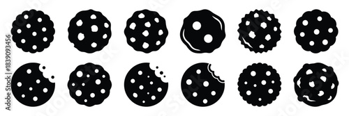 A collection of cookie silhouette icon set. simple design black color and white background.
