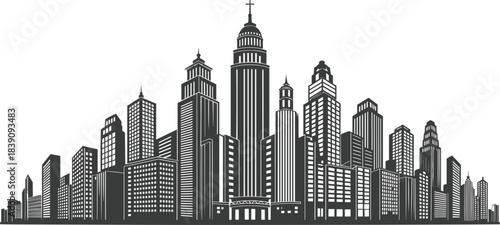 Detailed modern metropolitan city skyline silhouette, large collection of urban skyscraper buildings and towers, business architecture vector illustration