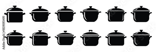 A collection of cooking pot silhouette icon set. simple design black color and white background.