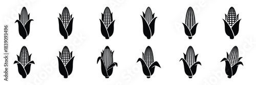 A collection of corn silhouette icon set. simple design black color and white background.