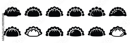 A collection of dumpling silhouette icon set. simple design black color and white background.