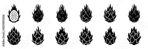 A collection of dragon fruit silhouette icon set. simple design black color and white background.