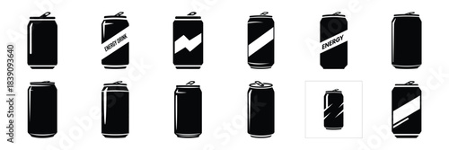 A collection of energy drink can silhouette icon set. simple design black color and white background.