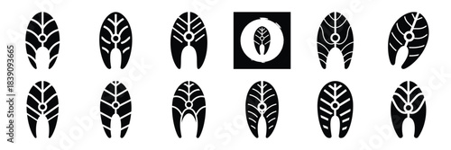 A collection of fish fillet silhouette icon set. simple design black color and white background.
