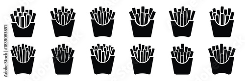 A collection of french fries silhouette icon set. simple design black color and white background.