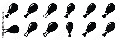 A collection of fried chicken drumstick silhouette icon set. simple design black color and white background.
