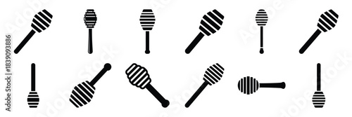 A collection of honey dipper silhouette icon set. simple design black color and white background.