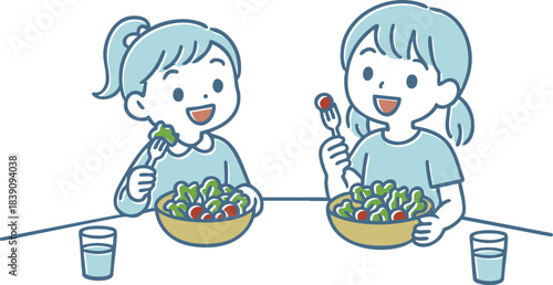 サラダを食べている子供たちのイラスト