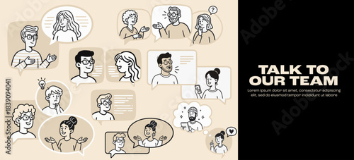 People characters in speech bubbles communicating for teamwork and customer support interaction