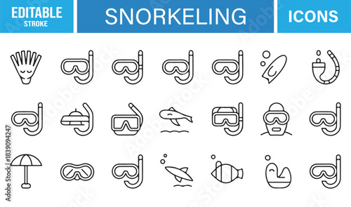 Clean Snorkeling Symbol Collection Featuring Dive Gear, Breathing Tubes, Fins, Gloves, Water Effects, and Marine Themes