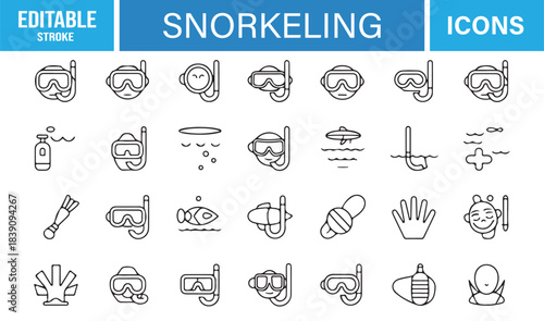 Vector Icon Set Representing Snorkeling Accessories, Oxygen Tanks, Flippers, Bubbles, Seashells, and Ocean Activity Symbols