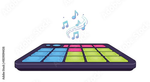Electronic music production device with colorful pads and musical notes floating above 1.