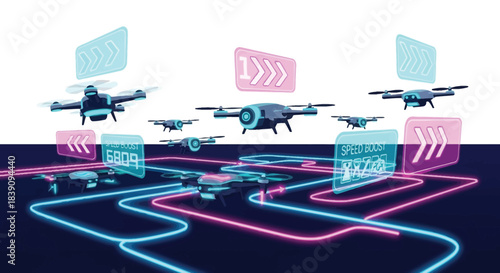 Drones flying in formation with digital data streams and displays futuristic concept.