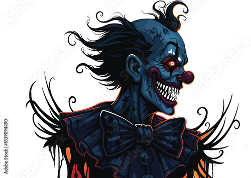 Sinister flame clown, horror circus character, glowing eyes, creepy costume, Halloween scary mime, eerie makeup, nightmare performer, spiky gothic design