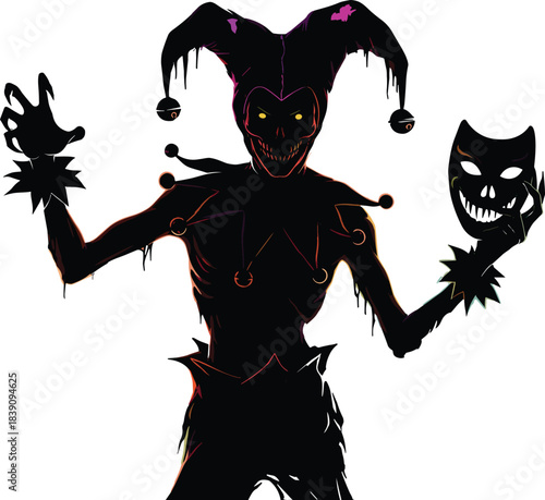 Sinister jester illustration, skeletal clown concept, eerie mask pose, glowing yellow eyes, clawed hand gesture, Halloween fear, dark fantasy horror