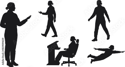 Silhouettes of person in dynamic poses, walking, sitting, gesturing, flying, working at desk, casual movement, action posture illustration