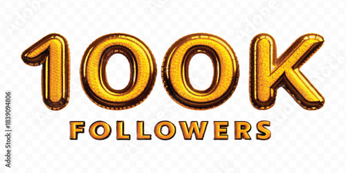 realistic 3d 100K followers celebration with different colors foil balloons isolated on transparent background