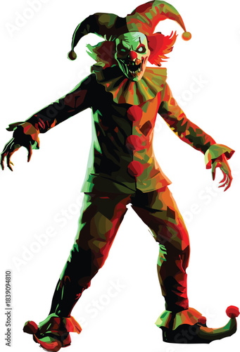 Sinister clown character, glowing green eyes, red black green costume, creepy grin, horror fantasy concept, eerie jester design, Halloween illustration