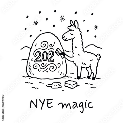 Llama painting swirls of midnight on snowy stone—NYE magic in a hush of mountain stars and playful hope, vector