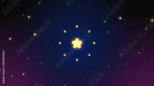 Shining Golden Lotus Flower with Star Center on Dark Background.