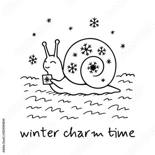 Snail cradling snowflakes on a frosted path—winter charm time in a swirl of quiet joy and icy wonder, vector