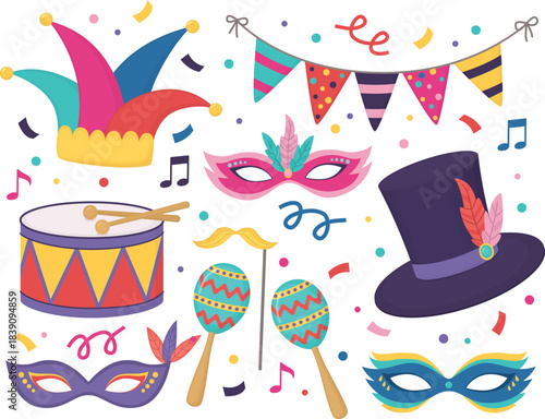 Bright carnival and masquerade elements collection. Masks with feathers, hats, confetti, drum, garland, maracas and serpantine.	