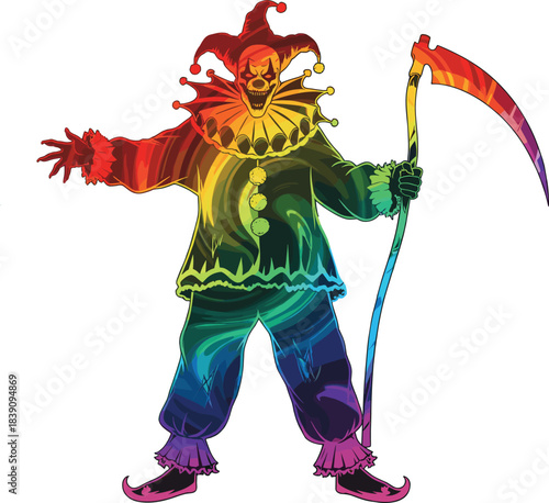 Sinister clown with scythe, rainbow gradient costume, creepy grin, horror fantasy character, surreal Halloween concept, eerie weapon, symbolic illustration