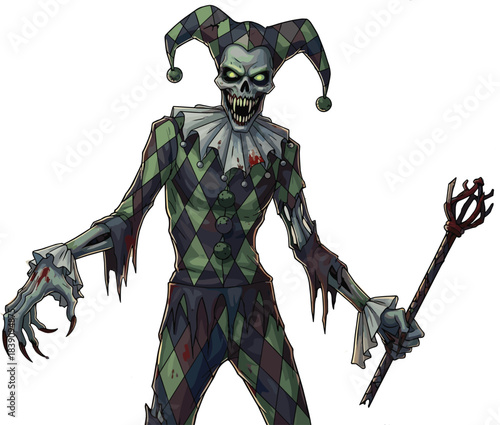 Skeletal harlequin jester, horror circus villain, glowing green eyes, creepy costume, Halloween scary mime, eerie makeup, nightmare performer, spooky design