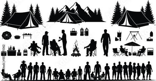 Camping silhouette collection featuring tents, mountains, campfire, people, outdoor gear and forest elements for adventure travel, nature lifestyle and wilderness design projects