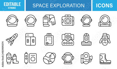 Comprehensive Space Equipment Icon Pack with Rovers, Helmets, Consoles, Boots, Propulsion Symbols, and Galactic Exploration Themes