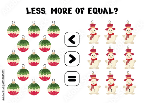 A festive preschool worksheet where children compare quantities of ornaments and snowmen to determine which is more, less, or equal.