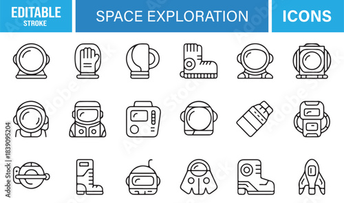 Clean Outline Icons for Space Missions Featuring Helmets, Gloves, Boots, Control Units, Vehicles, and Sci-Fi Equipment