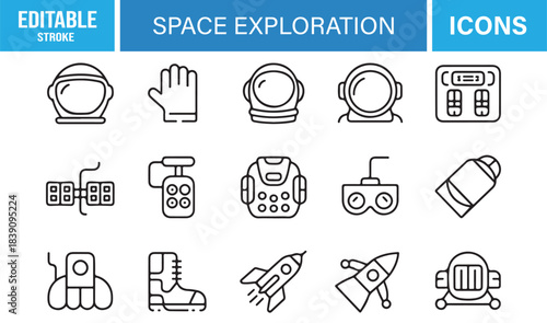 Vector Icon Set Representing Astronaut Gear, Space Technology, Rocket Elements, Mission Panels, and Futuristic Devices