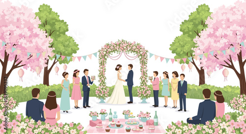 Elegant wedding ceremony with couple exchanging vows surrounded by guests and floral arch.