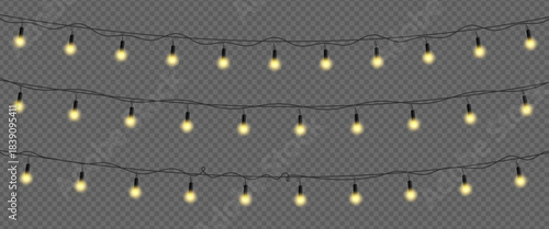 Twinkling bright garland bulbs for holiday festival party decoration isolated on transparent background