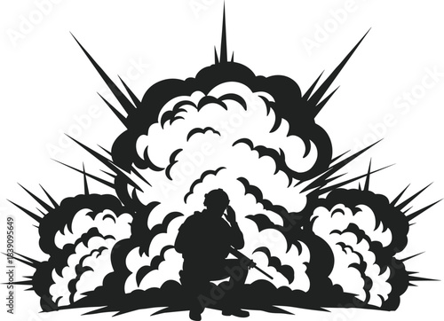 Black and white soldier silhouette kneeling with rifle, large explosion background, war conflict scene, military combat illustration, battlefield danger concept