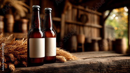 pair of craft beer bottles with blank label on wooden table with barley ears in barn shed interior