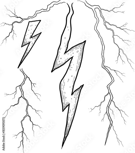 Stylized lightning bolts, electric energy illustration, jagged central strikes, branching patterns, dramatic texture, power surge concept, dynamic visual impact