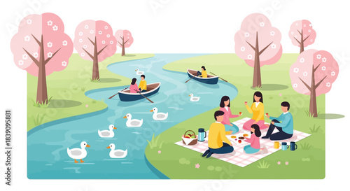 Family enjoying a picnic by the river with boats and ducks in a park.