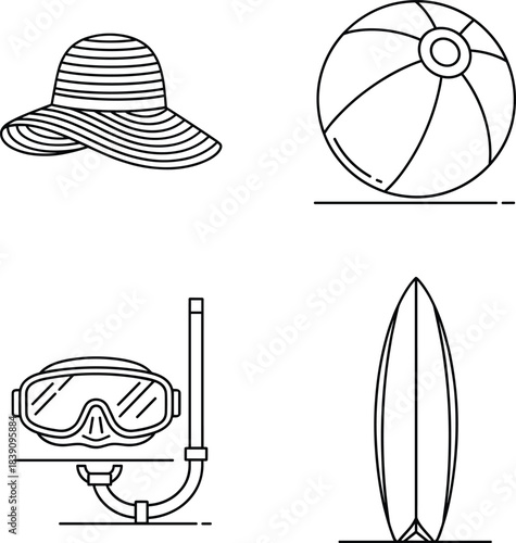 Summer beach essentials vector icons, sun hat beach ball, snorkel mask surfboard, vacation accessories isolated line art illustration