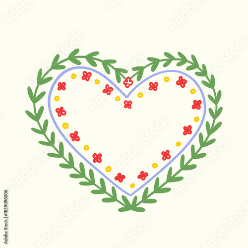Maximalist heart frame of lines, green leaves, flowers. Trendy border. Eclectic background for greeting cards, invitations, social media. Whimsical card design, for valentine day, birthday, wedding