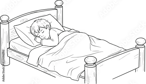 Sleeping child illustration, peaceful bedtime sketch, black and white line art, wooden bed vector, restful cartoon moment, sleep concept design