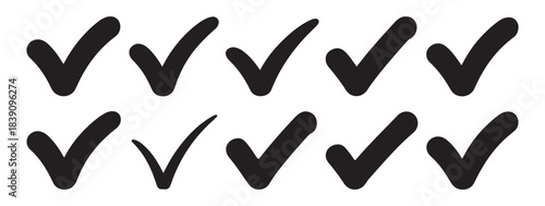 Black check mark icon set. Rounded and bold vector tick symbols.