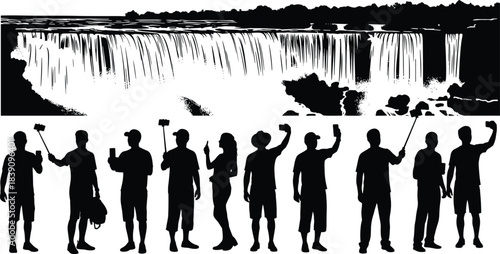 Waterfall, selfie, silhouette, posture, gesture, phone, stick, nature, cliff, tree, tourism, setup, recreation, outdoor, motion, social, documentation, vector, black, pose, flavector