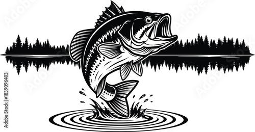 Jumping bass fish silhouette with lake forest background, fishing illustration for outdoor adventure, sport angling design, nature wildlife artwork
