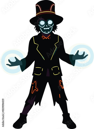 Spooky cartoon character with glowing blue eyes, top hat, magical energy hands, dark fantasy illustration, eerie Halloween artwork, supernatural digital design