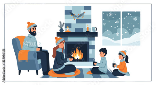 Family enjoying cozy winter evening by the fireplace drinking hot beverages.