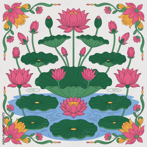 Pechwai Lotus Flower Mandala Folk Art Design