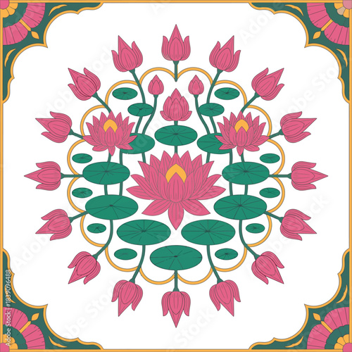 Pechwai Lotus Flower Mandala Folk Art Design