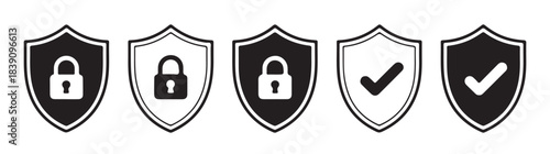Security shield icon set. Black lock and check mark symbols.